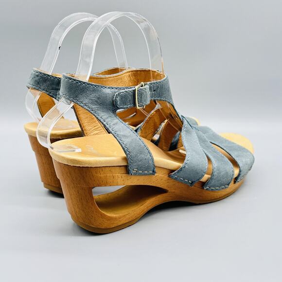 Dansko Shoes Womens 9.5 Blue Leather Sandals Trudy Wooden Wedge Ankle Strappy - Picture 7 of 11